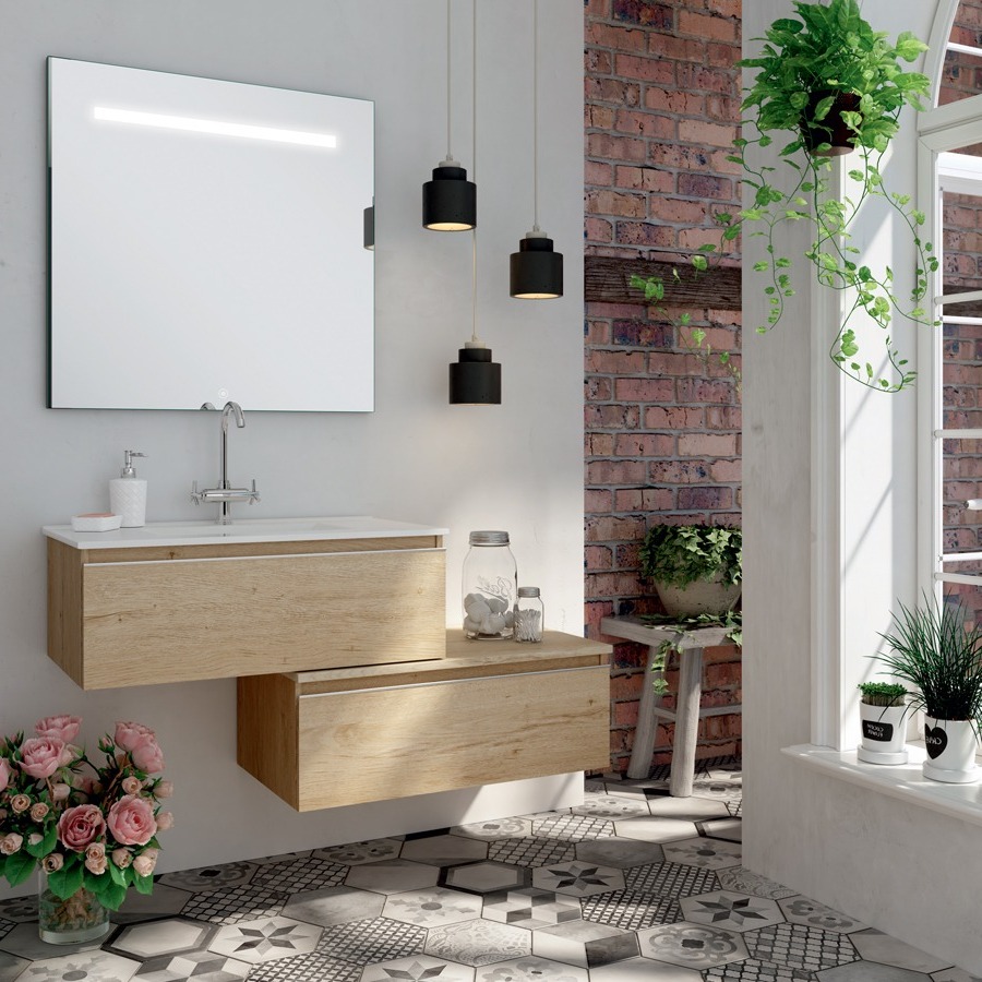 Meuble de salle de bain PENA simple vasque 2 tiroirs et miroir Led STAM bambou (chêne clair) 120 cm COSYNEO GIBPENA120STAMBAM