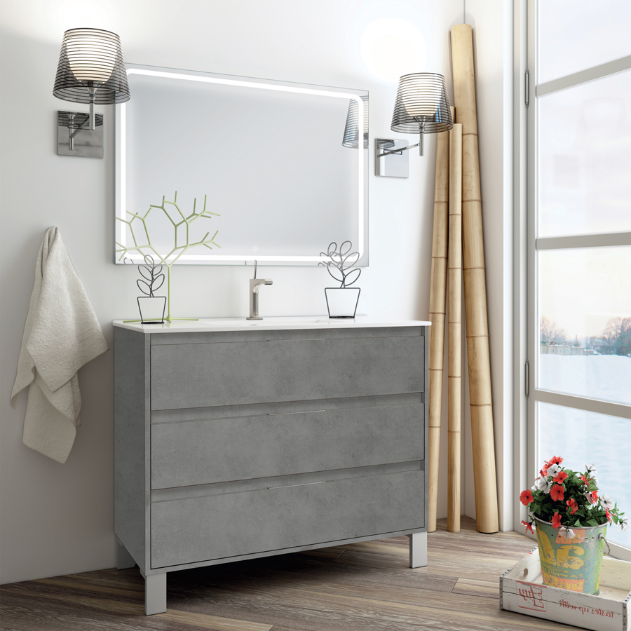 Meuble de salle de bain simple vasque 3 tiroirs TIRIS 3C et miroir Led VELDI ciment (gris) 100 cm COSYNEO SIRTIRIS100VELDICIM