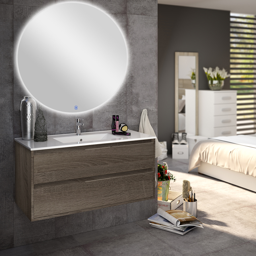Meuble de salle de bain simple vasque 2 tiroirs IRIS et miroir rond Led SOLEN britannia (chêne foncé) 80 cm COSYNEO SIRIRIS80SOLENBRI