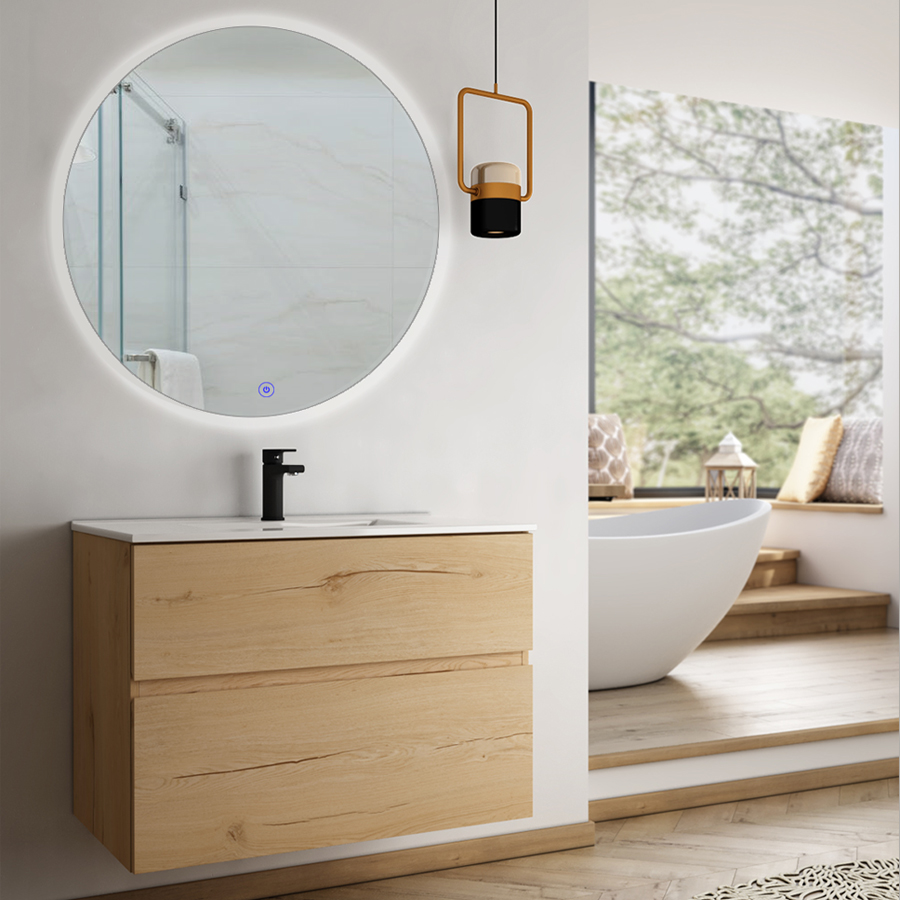 Meuble de salle de bain simple vasque 2 tiroirs MIG et miroir rond Led SOLEN roble (chêne clair) 80 cm COSYNEO NIZMIG80SOLENROB