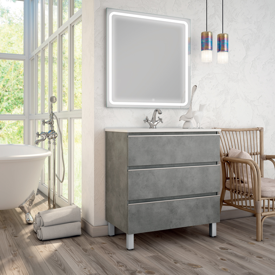 Meuble de salle de bain simple vasque 3 tiroirs PALMA et miroir Led VELDI ciment (gris) 80 cm COSYNEO ING3CPALMA80VELDICIM