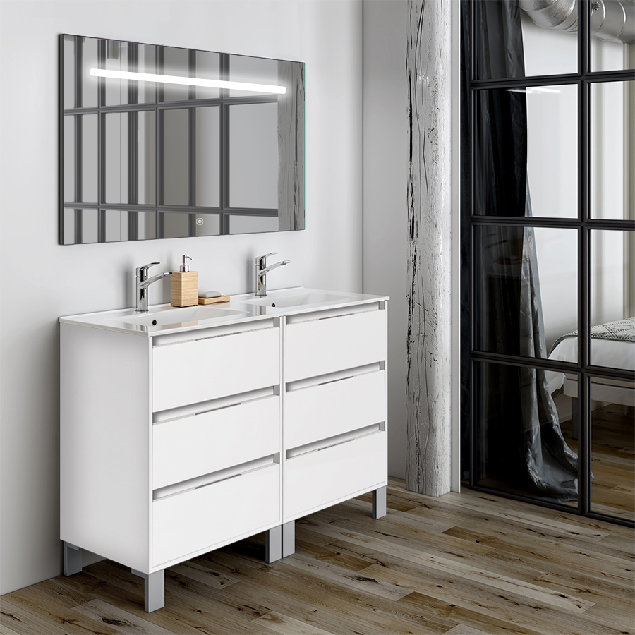Meuble de salle de bain double vasque 6 tiroirs TIRIS 3C et miroir Led STAM blanc 120 cm COSYNEO SIRTIRIS120STAMBLA
