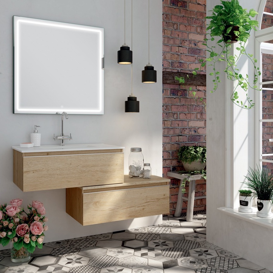 Meuble de salle de bain simple vasque 1 tiroir PENA et miroir Led VELDI bambou (chêne clair) 120 cm COSYNEO GIBPENA120VELDIBAM