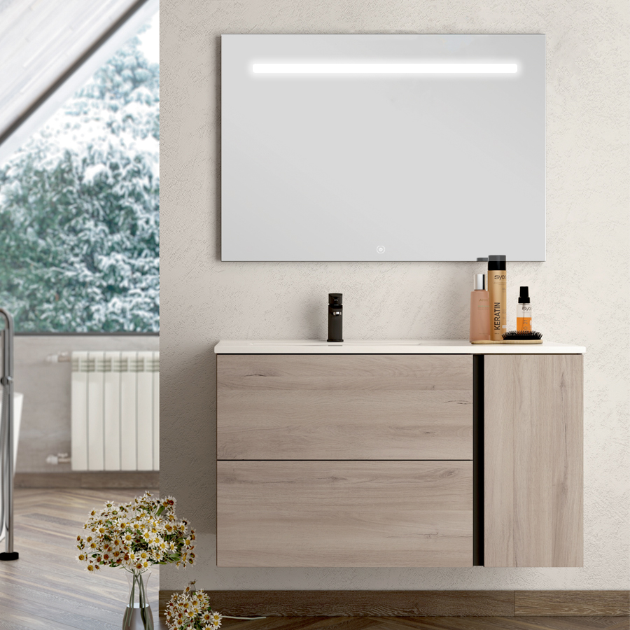 Meuble de salle de bain vasque déportée 2 tiroirs PRADO et miroir Led STAM oak (chêne brut) 80 cm COSYNEO NOXPRADO80STAMOAK