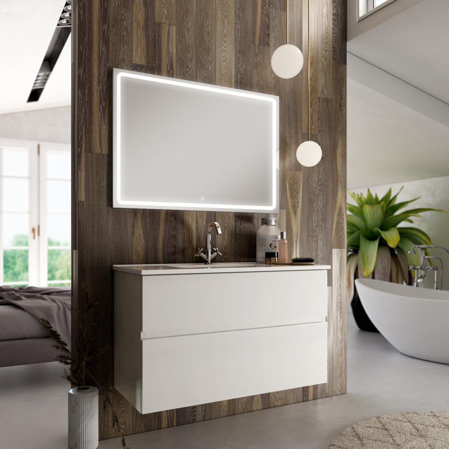 Meuble de salle de bain simple vasque 2 tiroirs MIG et miroir Led VELDI blanc 100 cm COSYNEO NIZMIG100VELDIBLA