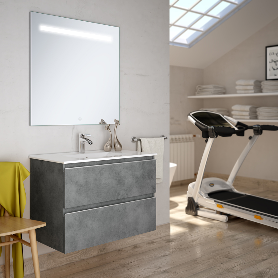 Meuble de salle de bain simple vasque 2 tiroirs BALEA et miroir Led STAM ciment (gris) 100 cm COSYNEO INGBALEA100STAMCIM