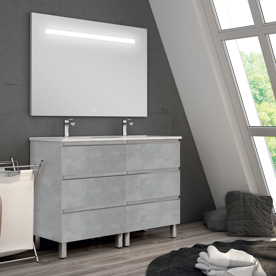 Meuble de salle de bain double vasque 6 tiroirs PALMA et miroir Led STAM ciment (gris) 120 cm COSYNEO ING3CPALMA120STAMCIM