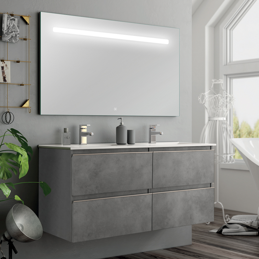 Meuble de salle de bain simple vasque 4 tiroirs BALEA et miroir Led STAM ciment (gris) 120 cm COSYNEO INGBALEA120STAMCIM