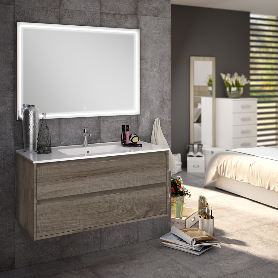 Meuble de salle de bain simple vasque 2 tiroirs IRIS et miroir Led VELDI britannia (chêne foncé) 100 cm COSYNEO SIRIRIS100VELDIBRI