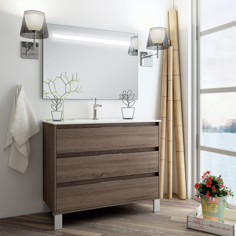 Meuble de salle de bain simple vasque 3 tiroirs TIRIS 3C et miroir Led STAM britannia (chêne foncé) 100 cm COSYNEO SIRTIRIS100STAMBRI