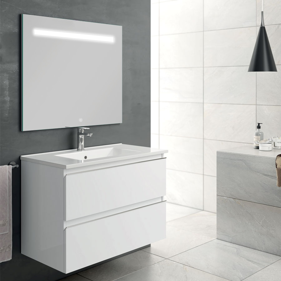 Meuble de salle de bain simple vasque 2 tiroirs BALEA et miroir Led STAM blanc 80 cm COSYNEO INGBALEA80STAMBLA