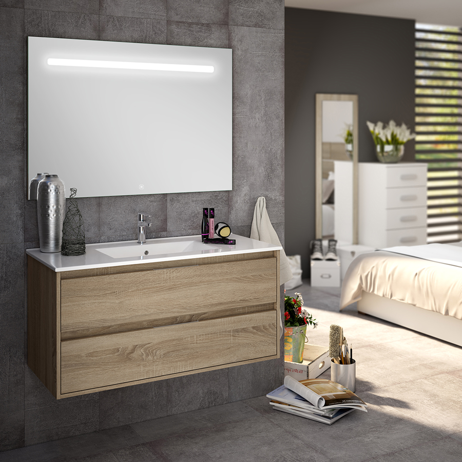 Meuble de salle de bain simple vasque 2 tiroirs IRIS et miroir Led STAM cambrian (chêne) 100 cm COSYNEO SIRIRIS100STAMCAM