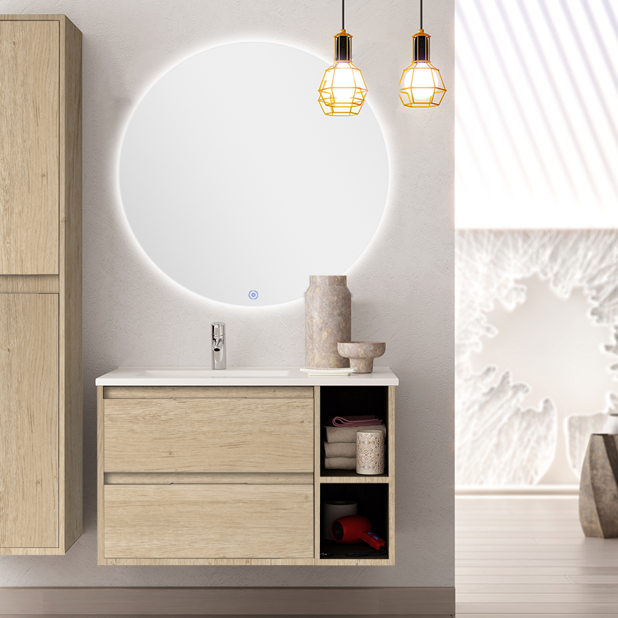 Meuble de salle de bain OLYMPE vasque déportée 2 tiroirs et miroir rond Led SOLEN cambrian (chêne) 80 cm COSYNEO VENOLYMPE80SOLENCAM