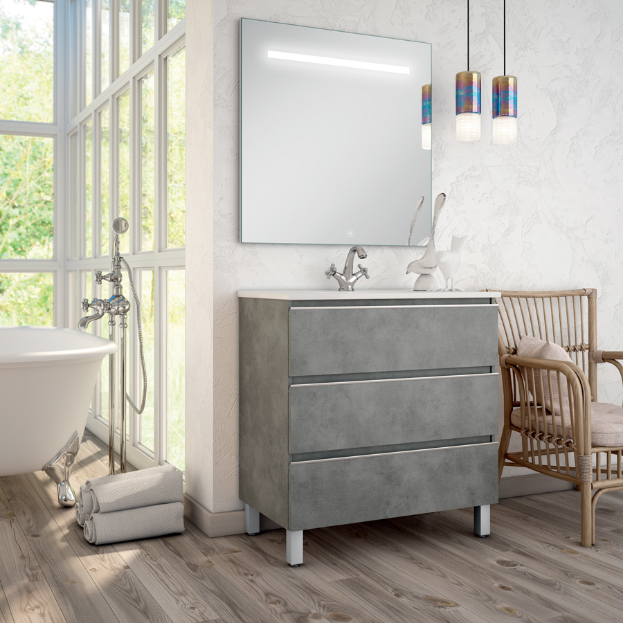 Meuble de salle de bain simple vasque 3 tiroirs PALMA et miroir Led STAM ciment (gris) 100 cm COSYNEO ING3CPALMA100STAMCIM
