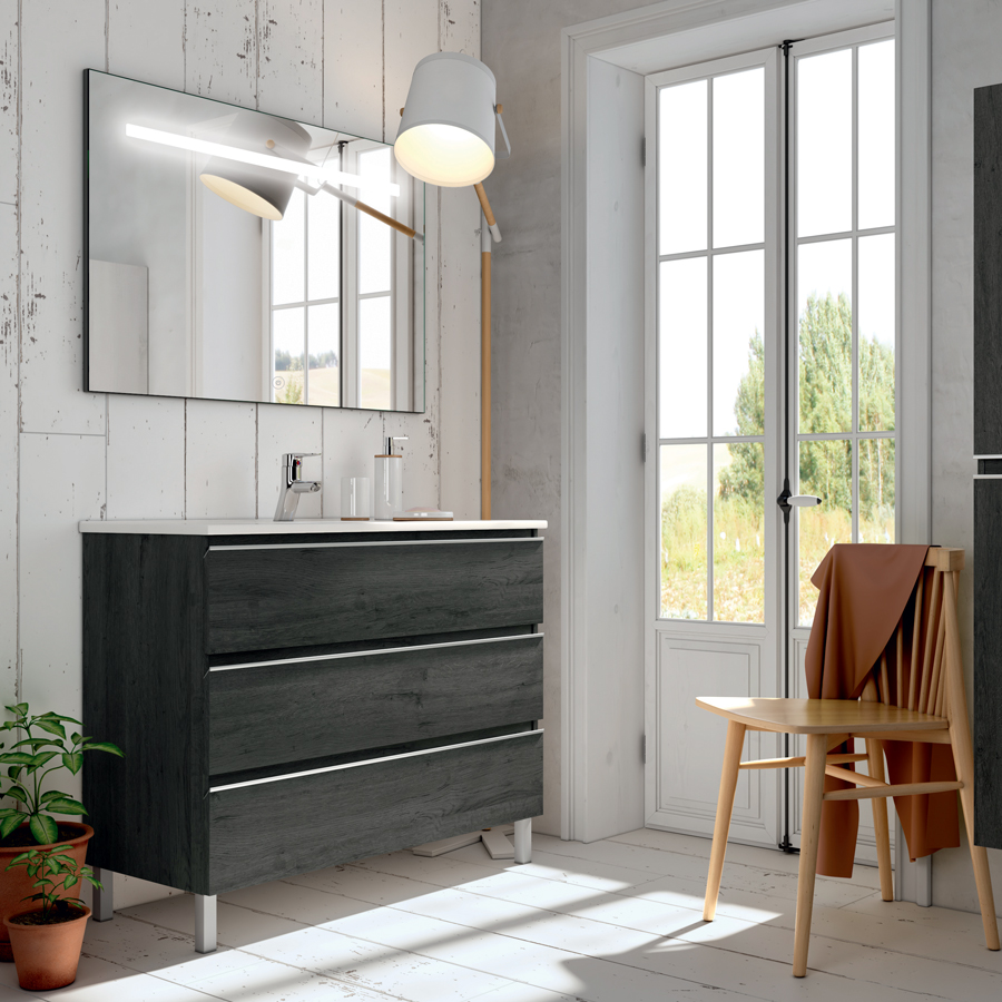 Meuble de salle de bain simple vasque 3 tiroirs PALMA et miroir Led STAM ebony (bois noir) 100 cm COSYNEO ING3CPALMA100STAMEBO