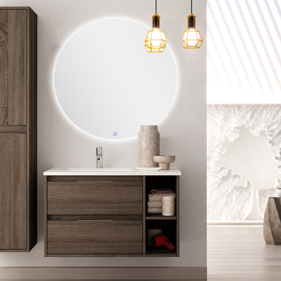 Meuble de salle de bain OLYMPE vasque déportée 2 tiroirs et miroir rond Led SOLEN britannia (chêne foncé) 80 cm COSYNEO VENOLYMPE80SOLENBRI