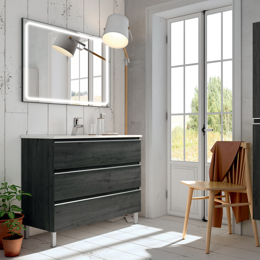 Meuble de salle de bain simple vasque 3 tiroirs PALMA et miroir Led VELDI ebony (bois noir) 80 cm COSYNEO ING3CPALMA80VELDIEBO