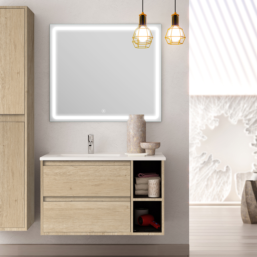 Meuble de salle de bain OLYMPE vasque déportée 2 tiroirs et miroir Led VELDI cambrian (chêne) 80 cm COSYNEO VENOLYMPE80VELDICAM