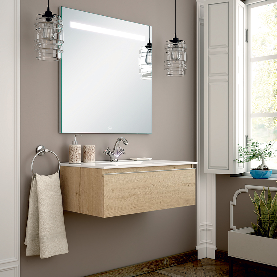 Meuble de salle de bain PENA simple vasque 1 tiroir et miroir Led STAM bambou (chêne clair) 80 cm COSYNEO GIBPENA80STAMBAM