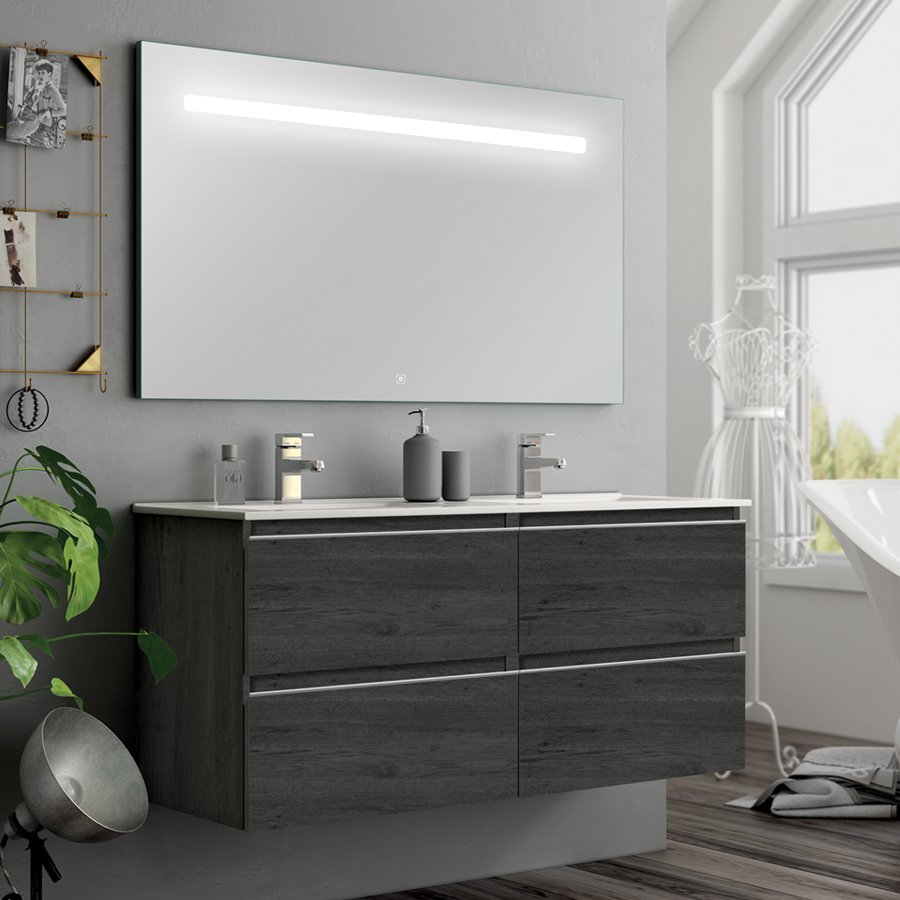 Meuble de salle de bain simple vasque 4 tiroirs BALEA et miroir Led STAM ebony (bois noir) 120 cm COSYNEO INGBALEA120STAMEBO