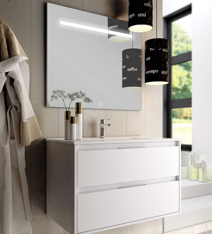 Meuble de salle de bain simple vasque 2 tiroirs IRIS et miroir Led STAM blanc 100 cm COSYNEO SIRIRIS100STAMBLA