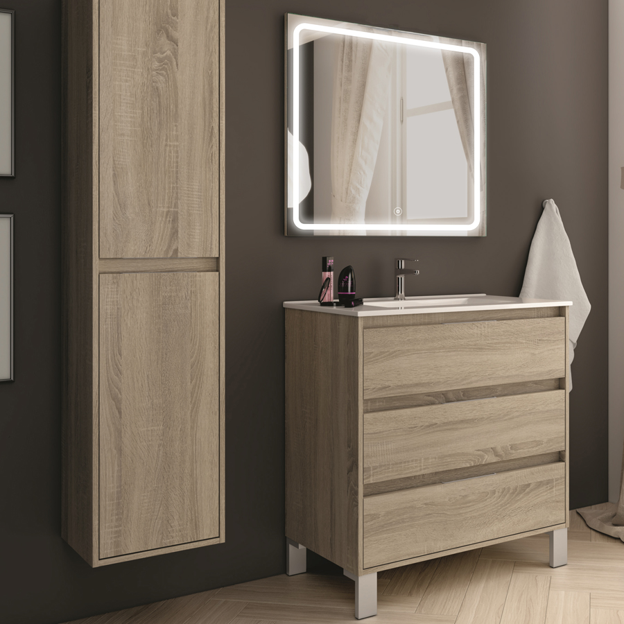 Meuble de salle de bain simple vasque 3 tiroirs TIRIS 3C et miroir Led VELDI cambrian (chêne) 100 cm COSYNEO SIRTIRIS100VELDICAM
