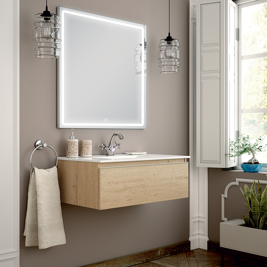 Meuble de salle de bainPENA simple vasque 1 tiroir et miroir Led VELDI bambou (chêne clair) 80 cm COSYNEO GIBPENA80VELDIBAM