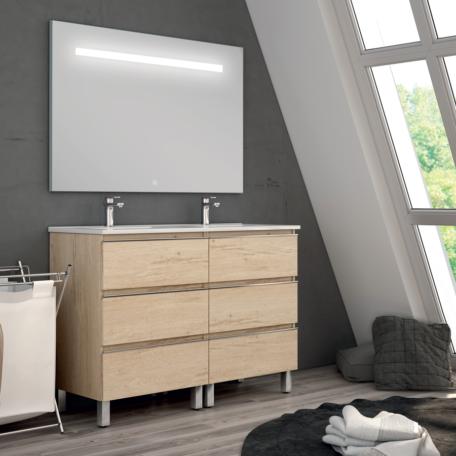 Meuble de salle de bain double vasque 6 tiroirs PALMA et miroir Led STAM bambou (chêne clair) 120 cm COSYNEO ING3CPALMA120STAMBAM
