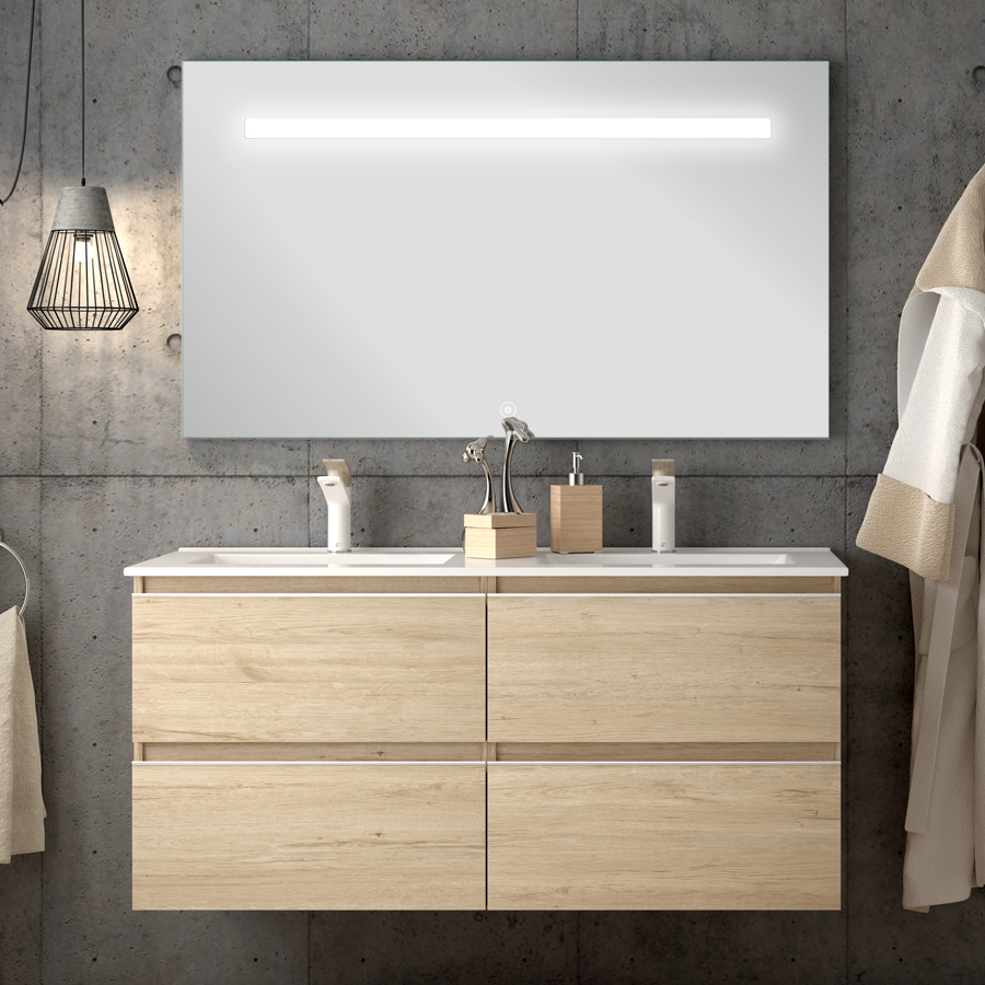 Meuble de salle de bain simple vasque 4 tiroirs BALEA et miroir Led STAM bambou (chêne clair) 120 cm COSYNEO INGBALEA120STAMBAM