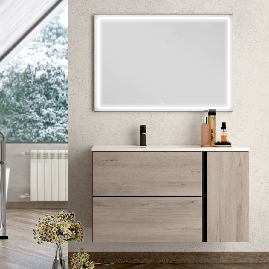 Meuble de salle de bain vasque déportée 2 tiroirs PRADO et miroir Led VELDI oak (chêne brut) 80 cm COSYNEO NOXPRADO80VELDIOAK