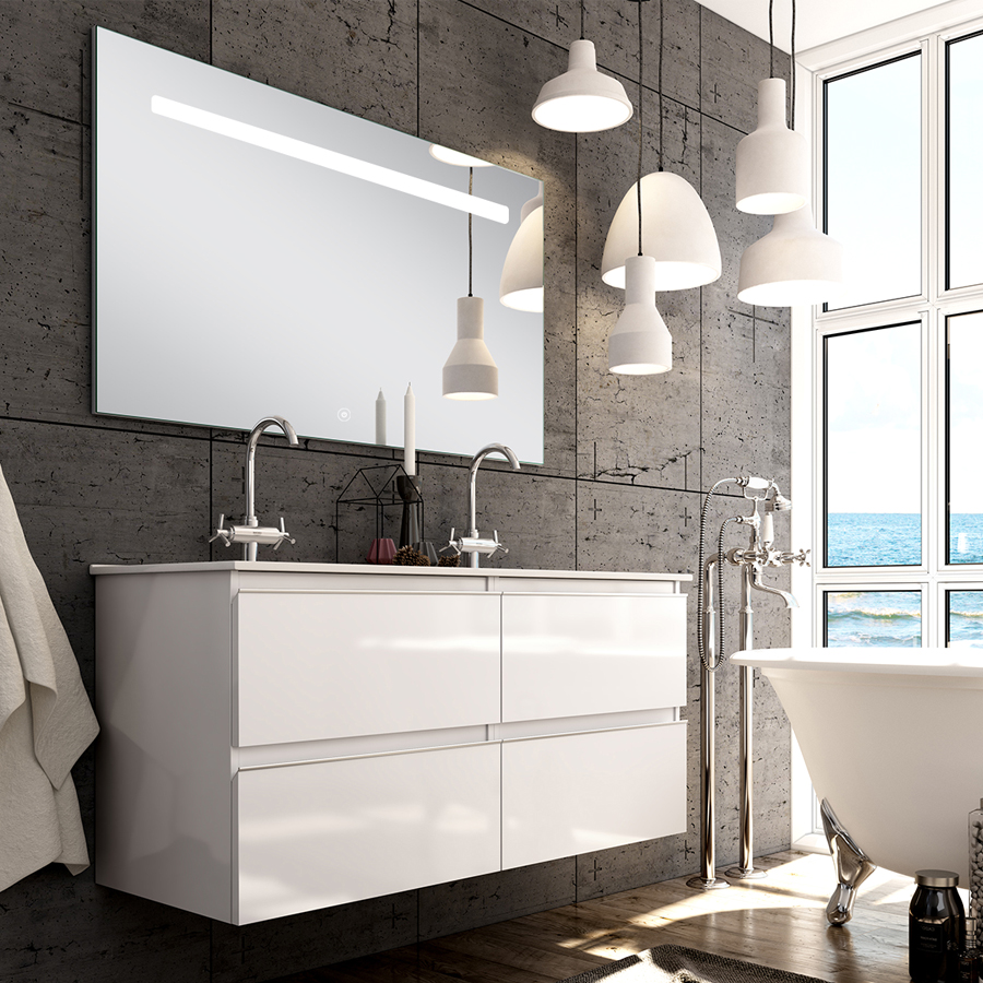 Meuble de salle de bain simple vasque 4 tiroirs BALEA et miroir Led STAM blanc 120 cm COSYNEO INGBALEA120STAMBLA