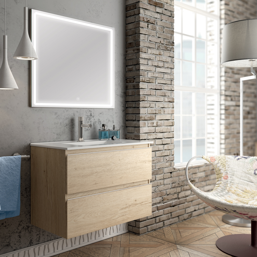 Meuble de salle de bain simple vasque 2 tiroirs BALEA et miroir Led VELDI bambou (chêne clair) 100 cm COSYNEO INGBALEA100VELDIBAM