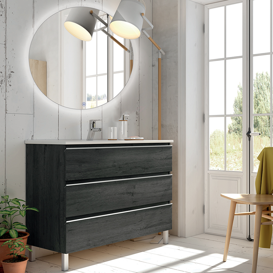 Meuble de salle de bain simple vasque 3 tiroirs PALMA et miroir rond Led SOLEN ebony (bois noir) 80 cm COSYNEO ING3CPALMA80SOLENEBO