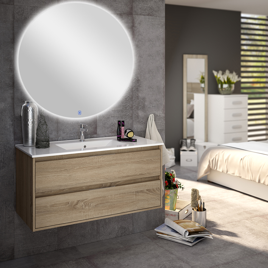 Meuble de salle de bain simple vasque 2 tiroirs IRIS et miroir rond Led SOLEN cambrian (chêne) 80 cm COSYNEO SIRIRIS80SOLENCAM