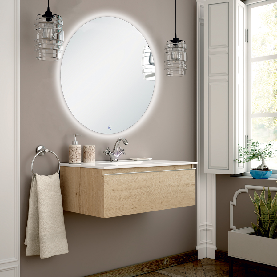 Meuble de salle de bain PENA simple vasque 1 tiroir et miroir rond Led SOLEN bambou (chêne clair) 80 cm COSYNEO GIBPENA80SOLENBAM