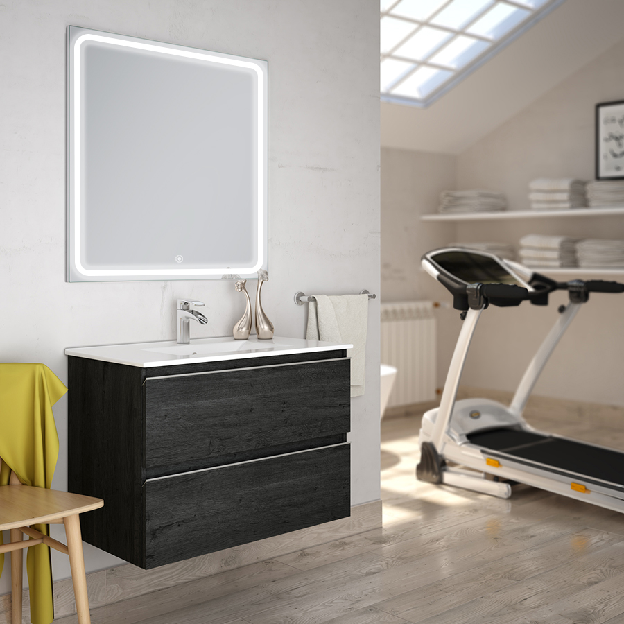Meuble de salle de bain simple vasque 2 tiroirs BALEA et miroir Led VELDI ebony (bois noir) 100 cm COSYNEO INGBALEA100VELDIEBO