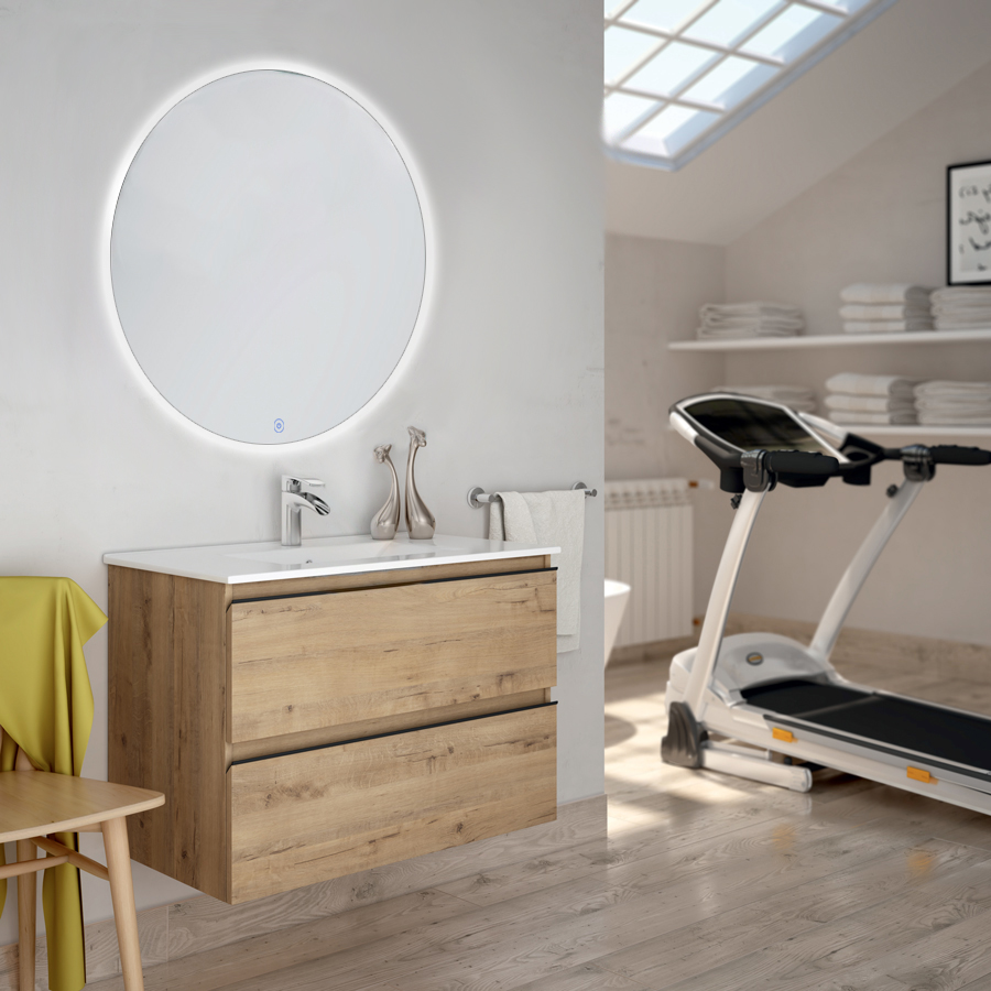 Meuble de salle de bain TOURA simple vasque 2 tiroirs et miroir rond Led SOLEN roble chêne clair 80 cm COSYNEO INGBLTOURA80SOLEN