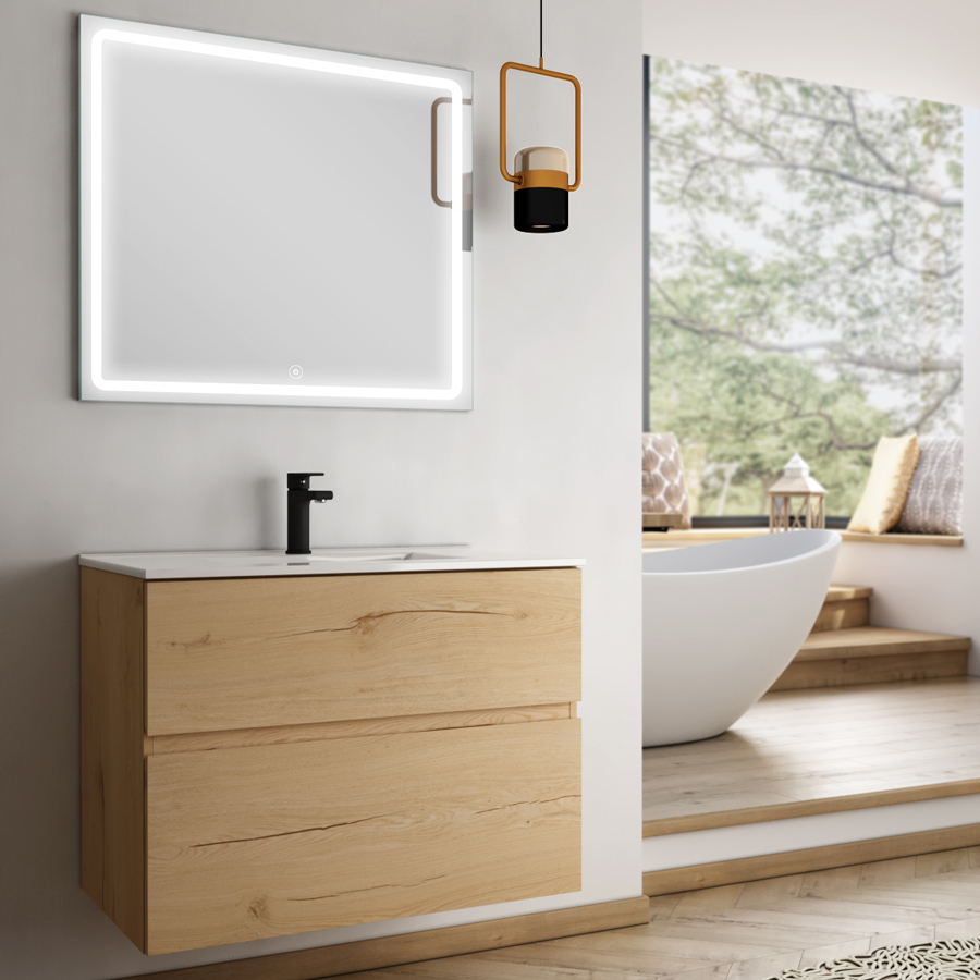 Meuble de salle de bain simple vasque 2 tiroirs MIG et miroir Led VELDI roble (chêne clair) 100 cm COSYNEO NIZMIG100VELDIROB