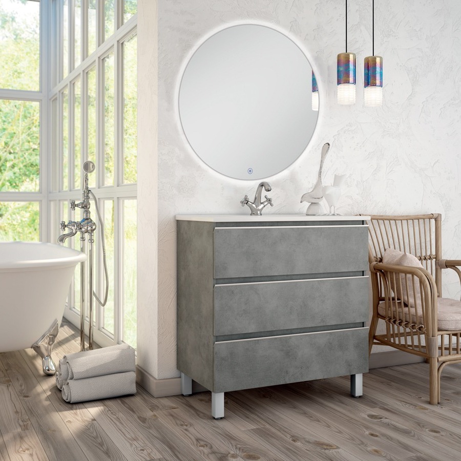 Meuble de salle de bain simple vasque 3 tiroirs PALMA et miroir rond Led SOLEN ciment (gris) 80 cm COSYNEO ING3CPALMA80SOLENCIM