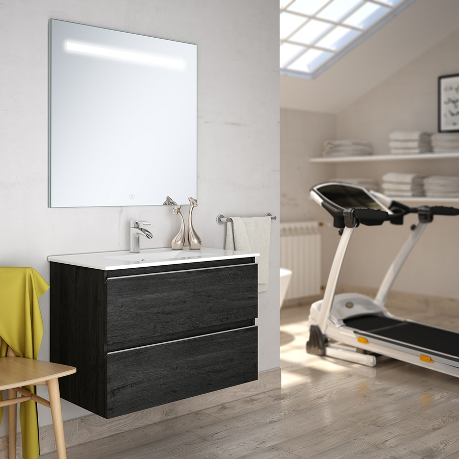 Meuble de salle de bain simple vasque 2 tiroirs BALEA et miroir Led STAM ebony (bois noir) 100 cm COSYNEO INGBALEA100STAMEBO