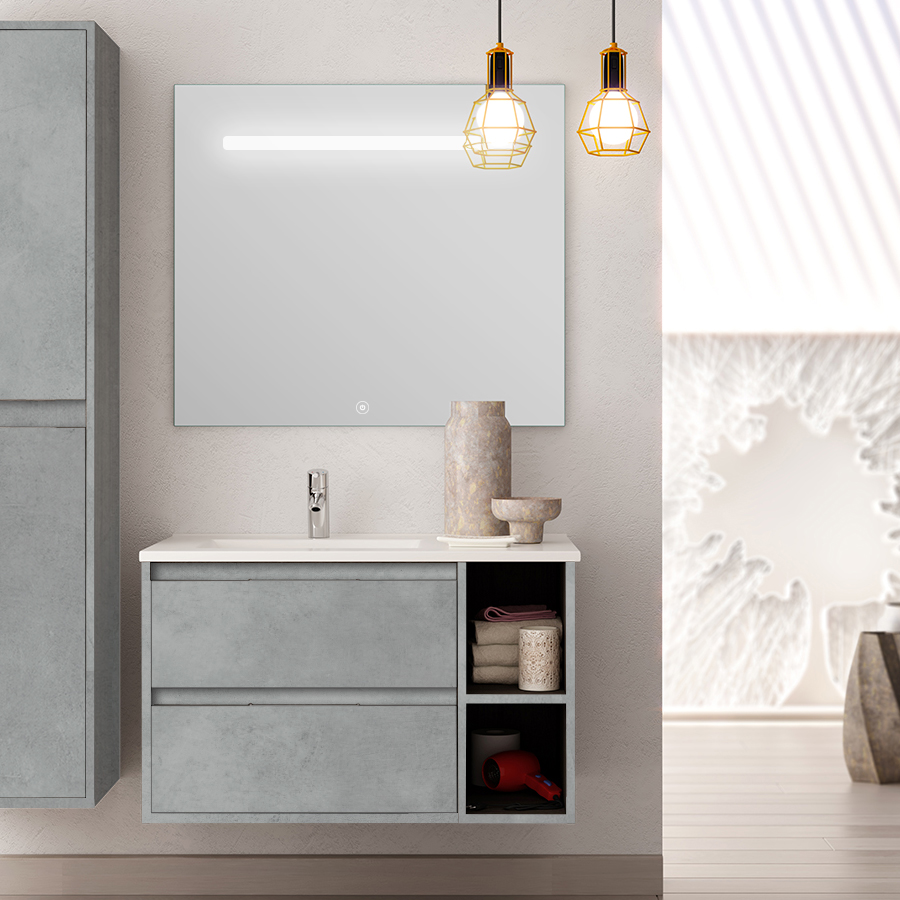 Meuble de salle de bain OLYMPE vasque déportée 2 tiroirs et miroir Led STAM ciment (gris) 80 cm COSYNEO VENOLYMPE80STAMCIM