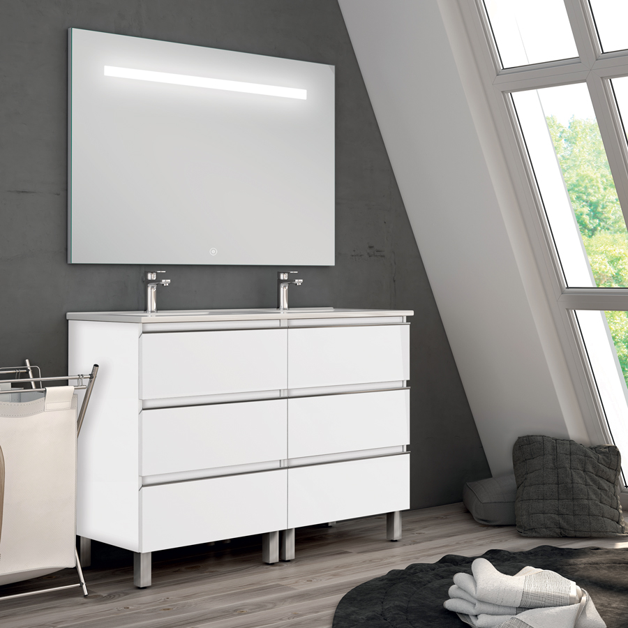 Meuble de salle de bain double vasque 6 tiroirs PALMA et miroir Led STAM blanc 120 cm COSYNEO ING3CPALMA120STAMBLA