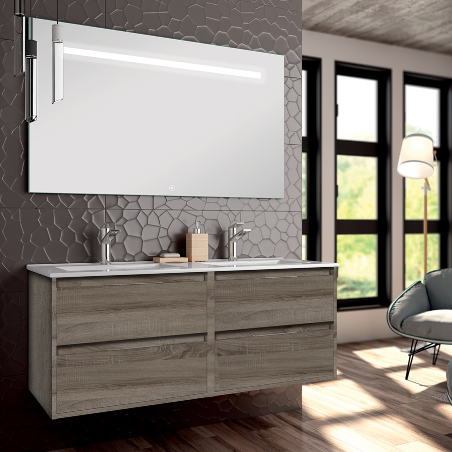 Meuble de salle de bain double vasque 4 tiroirs IRIS et miroir Led STAM britannia (chêne foncé) 120 cm COSYNEO SIRIRIS120STAMBRI