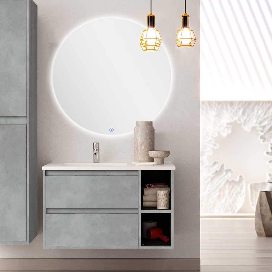 Meuble de salle de bain OLYMPE vasque déportée 2 tiroirs et miroir rond Led SOLEN ciment (gris) 80 cm COSYNEO VENOLYMPE80SOLENCIM
