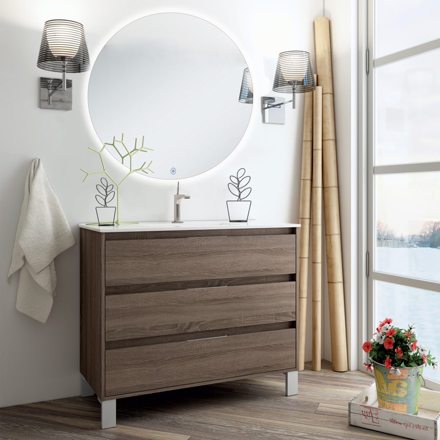 Meuble de salle de bain simple vasque 3 tiroirs TIRIS 3C et miroir rond Led SOLEN britannia (chêne foncé) 80 cm COSYNEO- SIRTIRIS80SOLENBRI