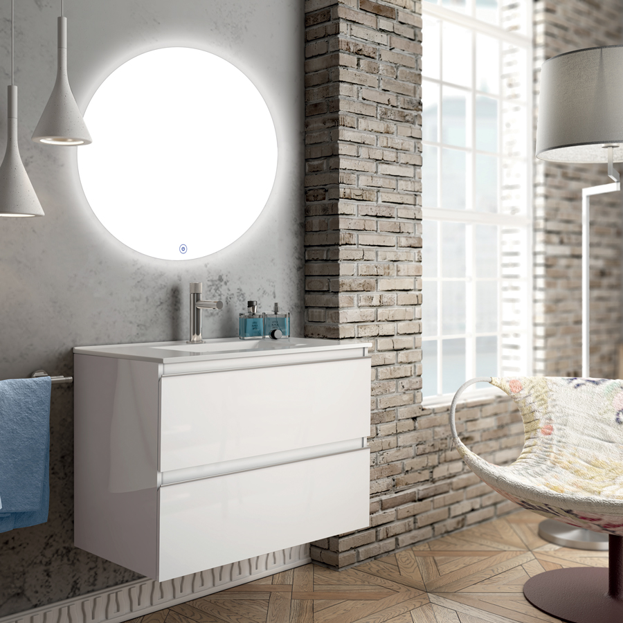 Meuble de salle de bain BALEA simple vasque 2 tiroirs miroir rond Led SOLEN blanc 80 cm COSYNEO INGBALEA80SOLENBLA