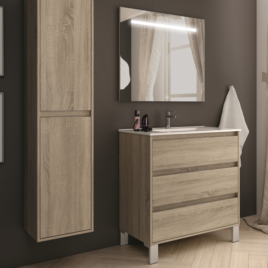 Meuble de salle de bain simple vasque 3 tiroirs TIRIS 3C et miroir Led STAM cambrian (chêne) 100 cm COSYNEO SIRTIRIS100STAMCAM