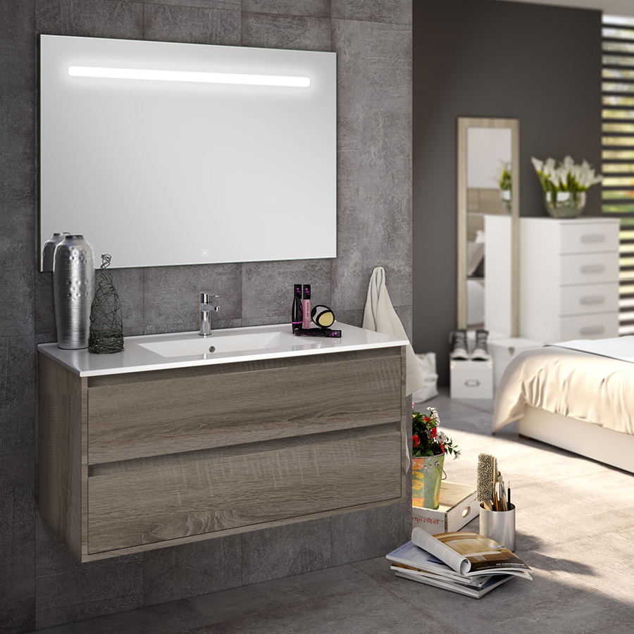 Meuble de salle de bain simple vasque 2 tiroirs IRIS et miroir Led STAM britannia (chêne foncé) 80 cm COSYNEO SIRIRIS80STAMBRI