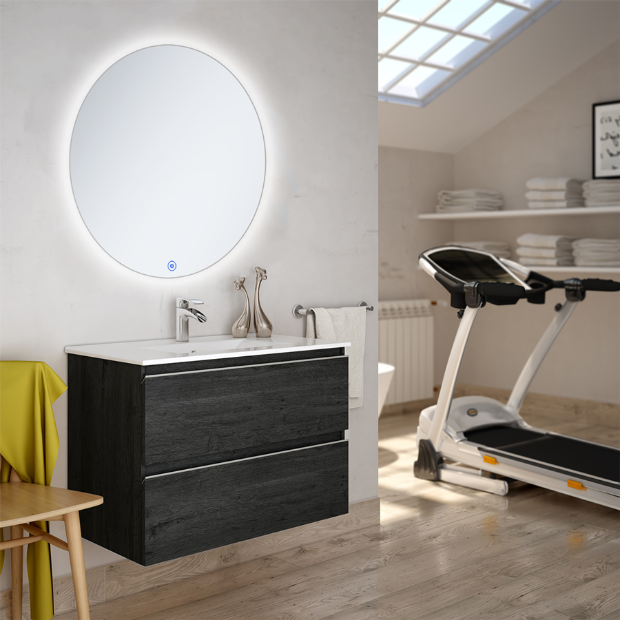 Meuble de salle de bain BALEA simple vasque 2 tiroirs miroir rond Led SOLEN ebony (bois noir) 80 cm COSYNEO INGBALEA80SOLENEBO