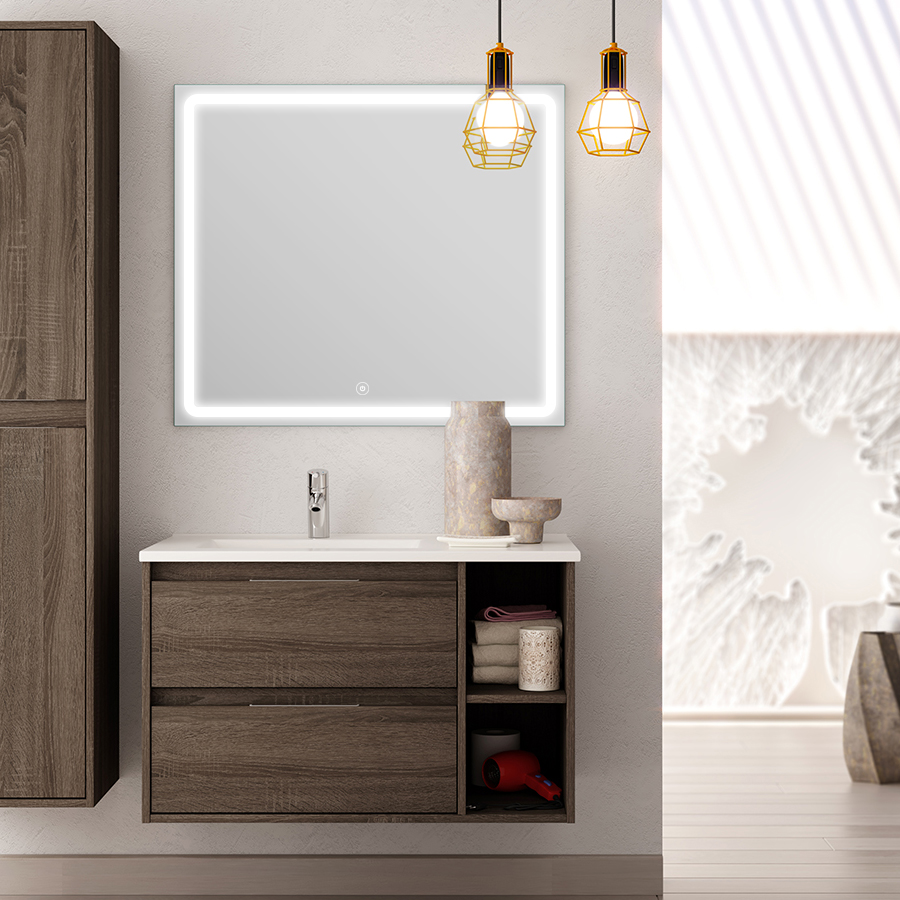 Meuble de salle de bain OLYMPE vasque déportée 2 tiroirs et miroir Led VELDI britannia (chêne foncé) 80 cm COSYNEO VENOLYMPE80VELDIBRI